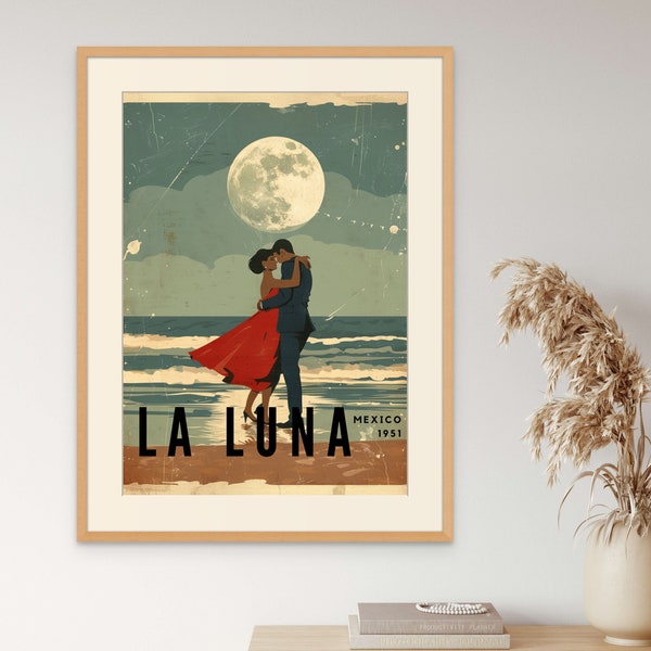 La Luna Vintage Poster | Mexico Travel Poster | Vintage Romance | 1950's couple |