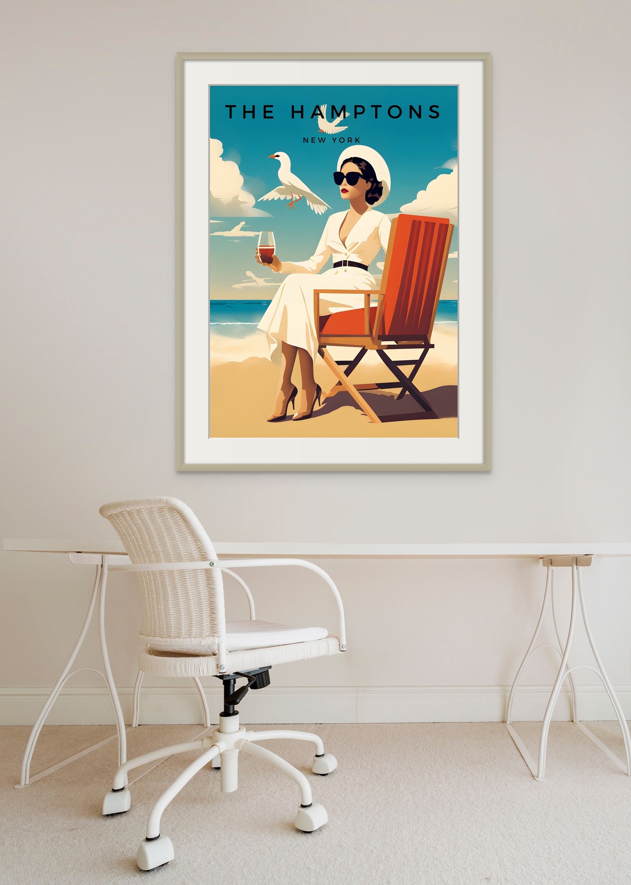 The Hamptons Wall Art | Hamptons Travel Poster | Vintage Poster Art | Vintage Lady in Sunglasses Print | Seagull Wall Art | Ocean Wall Art