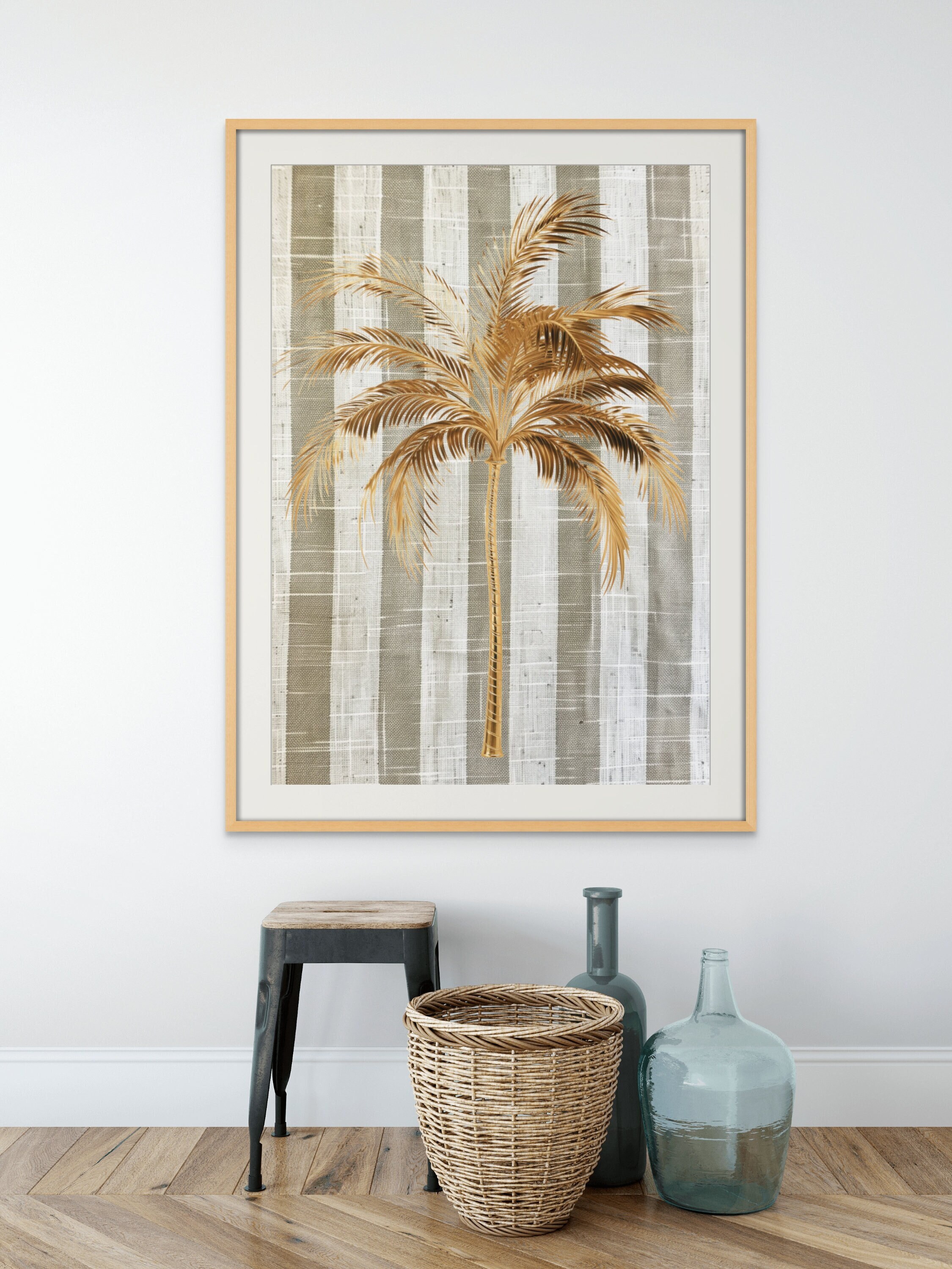 Golden Palm Print | Taupe Stripe Print | Coastal Wall Art