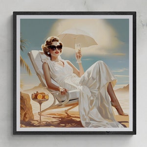 Seaside Art | Vintage Vogue Poster | Vintage Beach Poster | Vintage Travel Poster | Vogue Print | Champagne Print | Chic Art Print | 1950&#39;s