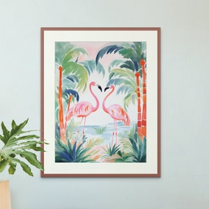 Flamingos with Palm Trees Print I | Flamingo Print | Flamingo Poster | Tropical Wall Art | Flamingo Palm Tree Art | Flamingo Wall Art