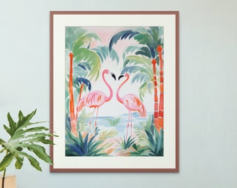 Flamingi z palmami, wydruk I | Wydruk flaminga | Plakat z flamingiem | Tropikalna sztuka ścienna | Sztuka z flamingiem i palmą | Sztuka ścienna z flamingiem