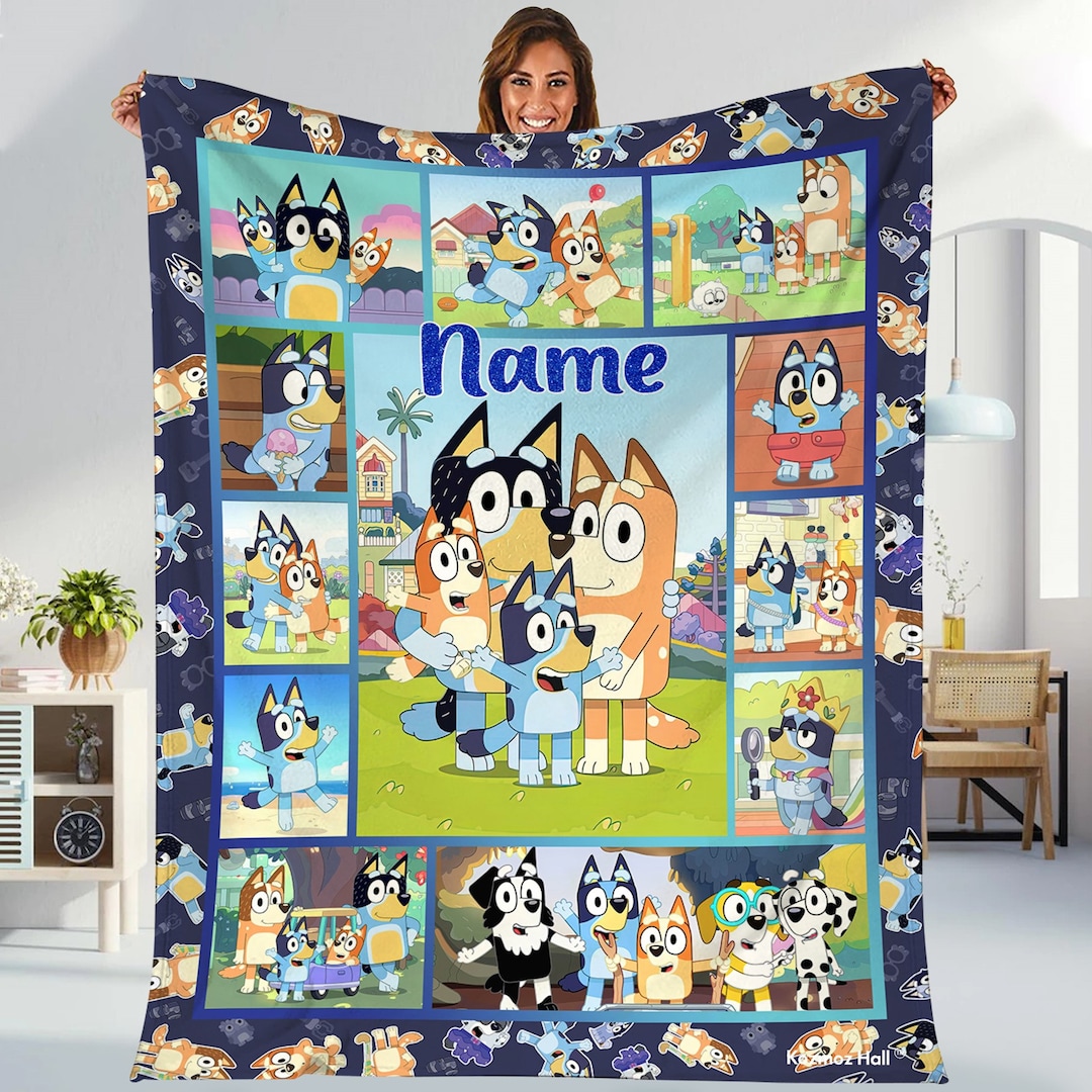 Personalized Bluey Blanket, Bluey Family Soft Cozy Fleece Throw
