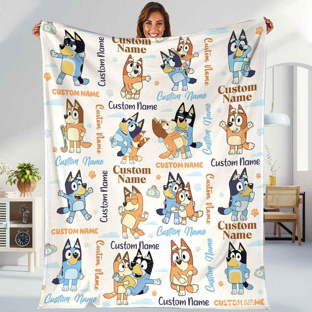 Personalized Bluey Blanket, Bluey Family Soft Cozy Fleece Throw
