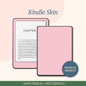 May include: A pink Kindle skin and cover. The Kindle screen shows text from a book, with "CHAPTER" at the top. The image includes a "PHYSICAL PRODUCT" sticker.