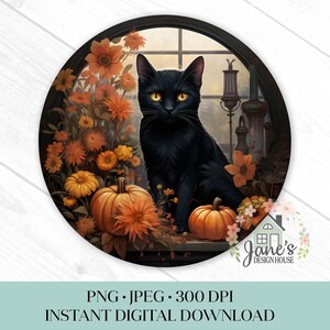 Czarny kot z dyniami wieniec znak PNG, Czarny kot Halloween sublimacja cyfrowe pobieranie, Halloween podkładka pod mysz samochód coaster JPEG