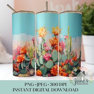 Desert Cactus 20 OZ Tumbler PNG, Colorful Cacti Sublimation Digital Download, Skinny Tumbler Wrap Printable
