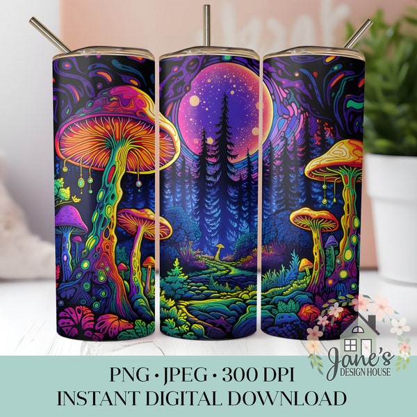 Neon Mushroom Forest Tumbler PNG, Faux Blacklight Poster Skinny Tumbler Sublimation Design, PNG JPEG Digital Download Cup Tumbler Wrap