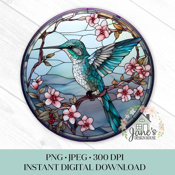 Faux Stained Glass Hummingbird Sign PNG, Collibri Sublimation Digital Download, Wreath Sign Sublimation JPEG