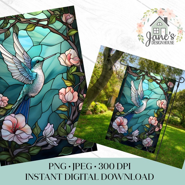 Hummingbird Garden Flag PNG, Faux Stained Glass Collibri Sublimation Digital Download, Hummingbird Sign Sublimation JPEG