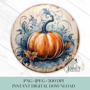 Pumpkin with Blue Swirls Sign PNG, Blue Floral Gourd Sublimation Digital Download, Fall Wreath Sign Sublimation JPEG - Door Hanger Printable