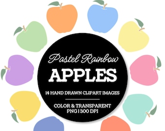 Pastel Rainbow Apple Clipart - Hand Drawn Color and Transparent Apple Set Clipart, Clipart for Teachers and Classroom