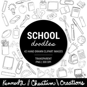 Schule Doodles Clipart - BACK TO SCHOOL Clipart, Hand gezeichnete transparente Illustrationen, Schulsachen Clipart für Lehrer und Klassenzimmer