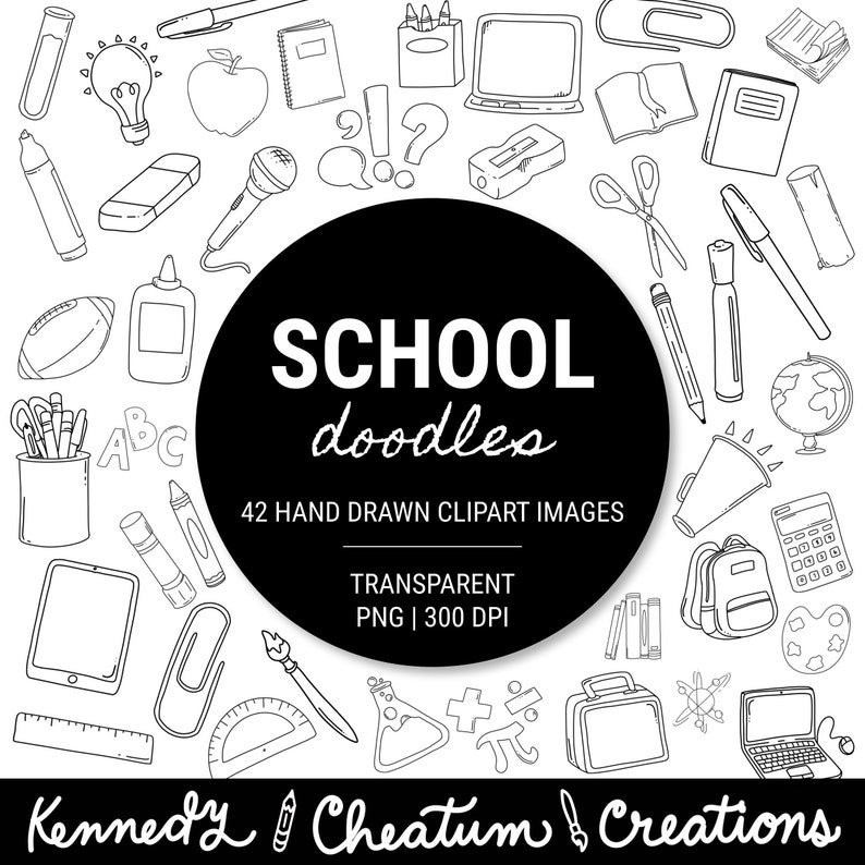 School Doodles Clipart BACK TO SCHOOL Clipart, Hand Drawn Transparent Clipart, School Supplies Clipart for Teachers and Classroom image 1