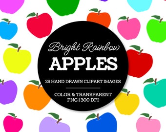Bright Rainbow Apple Clipart - Hand Drawn Color and Transparent Apple Clipart, Clipart for Teachers and Classroom