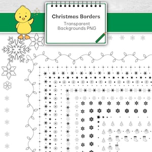 Puede incluir: Diseños de bordes navideños en blanco y negro. Los diseños incluyen copos de nieve, estrellas, luces, árboles, muñecos de nieve y calcetines. Los diseños están sobre un fondo transparente.