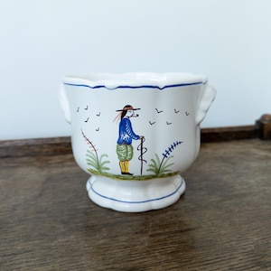 Vintage French Desvres Cache Pot, Hand Painted Breton Figure Planter