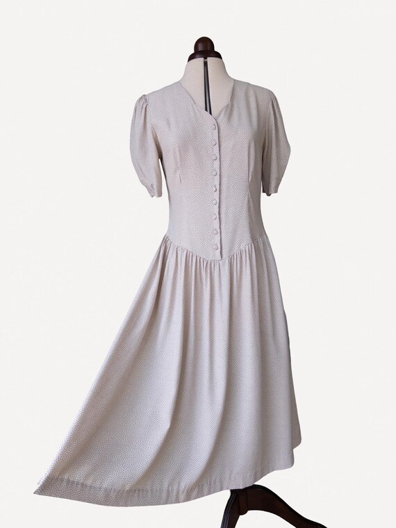 Laura Ashley, Vintage 1980s Laura Ashley Viscose Midi Dress, pale Oatmeal Polka Dot Dropped Waist