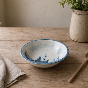 Vintage Oxney Green Fishing Boat Serving Bowl display, Blue & White Nautical Pottery