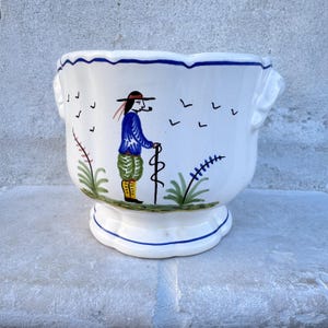 Vintage French Desvres Faience Cache Pot, Hand Painted Breton Figure Planter, Société Masse Ceramic
