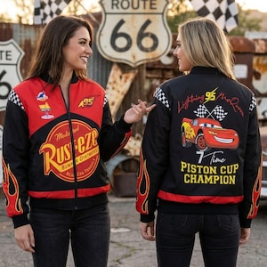 Kurtka bomberka z polaru Vintage Lightning McQueen 95, kurtka wyścigowa Rust-Eze Cars Piston Cup Champion, Chłodnica Górska, rodzinna wycieczka do Disneylandu