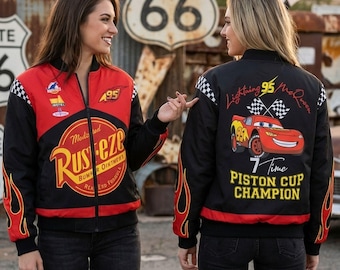 Blouson aviateur vintage Lightning Mcqueen 95 en polaire, veste de course Champion Cars Piston Cup Rust-Eze, Radiator Springs, voyage en famille Disneyland