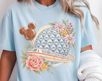 Watercolor Flower and Garden Festival Shirt, Spaceship Earth T Shirt, Monorail Tee, Floral Theme Park Shirt, Family Trip Outfit