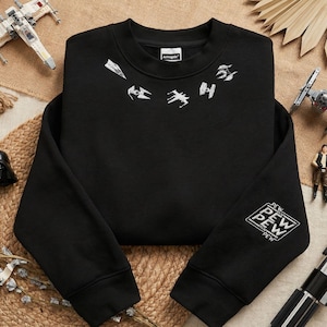 Embroidered Pew Pew Sweatshirt, Vintage Space Ships Neckline Crewneck, Retro Galactic Fighter Sleeve Embroidery Sweater, Cute Sci-Fi Gift