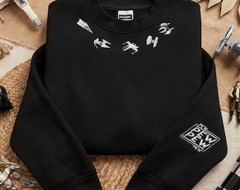 Geborduurd Star Wars Pew Pew Pew-sweater, Tie Fighter X-Wing-borduurtrui, familie-uitstapje Hollywood Studios, Disney Galaxy's Edge