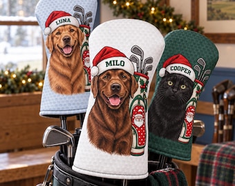 Custom Pet Name & Photo Christmas Golf Headcover, Personalized Dog or Cat Portrait Driver Cover, Christmas Golf Gift, Pet Lovers Golf Cover