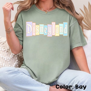 Puede incluir: Camiseta verde salvia con la palabra "Disneyland" en un dise&ntilde;o de bloques de color pastel. El texto est&aacute; en una fuente vintage. La camiseta es de corte holgado y el color es "Bay".