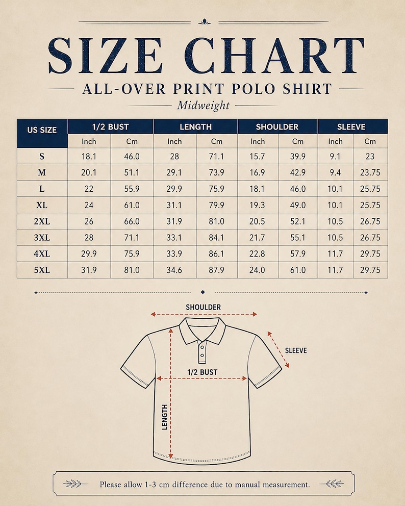 May include: Size chart for an all-over print polo shirt, with measurements in inches and centimetres. The chart provides bust, length, shoulder, and sleeve dimensions for sizes S to 5XL. An illustration of a polo shirt is also included.