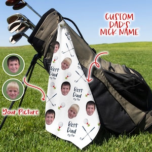 Custom Golf Towel With Kid Face Photo Portrait, Best Dad By Par Golf Gift, Funny Fathers&#39; Day Gift Ideas, Personalized Towel For Golf Lovers