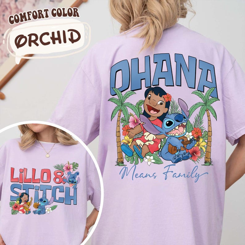 May include: Orchid-colored t-shirts with a graphic of Lilo & Stitch. One shirt features the word "OHANA" above an image of Lilo and Stitch with palm trees and flowers. The other shirt has "LILLO & STITCH" printed on it.