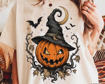 Vintage Witch Pumpkin T-Shirt, Gothic Halloween Jack O Lantern Graphic Tee, Witchy Fall Shirt, Halloween Gift, Spooky Season Outfit