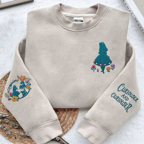 Embroidered Floral Alice In Wonderland Sweatshirt, Curiouser and Curiouser  Embroidery Sweater, Girls Trip, Magic Kingdom