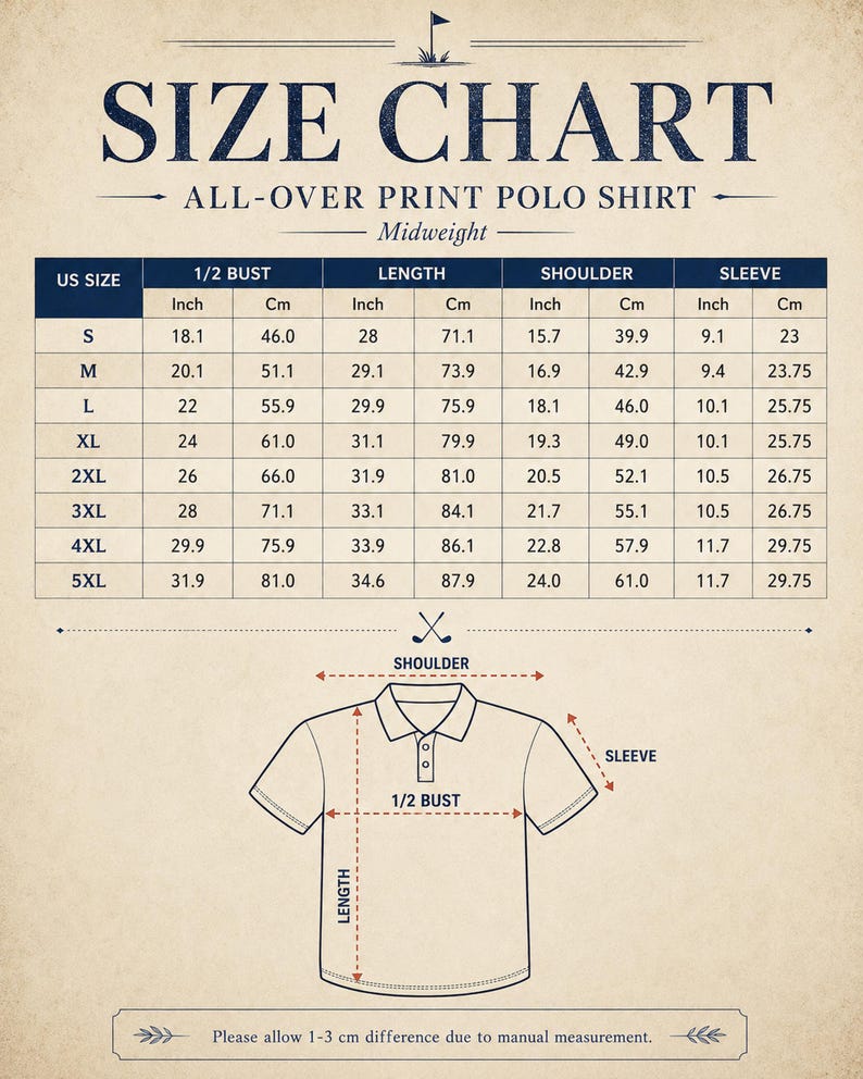 May include: Size chart for an all-over print polo shirt, midweight. Includes measurements in inches and centimeters for bust, length, shoulder, and sleeve for sizes S to 5XL. A diagram illustrates the measurement points on the shirt.