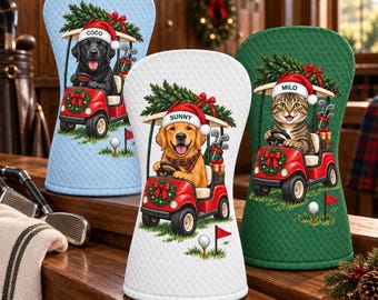 Custom Pet Portrait Christmas Golf Cart Headcover, Personalized Dog or Cat Name Photo Driver Cover, Golfer Christmas Gift, Holiday Keepsake