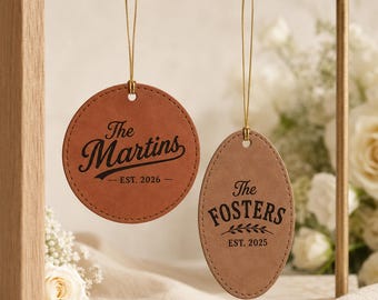Custom Family Name Engraved Leatherette Ornament, Personalized Christmas Ornament, Housewarming Gift, Holiday Home Decor