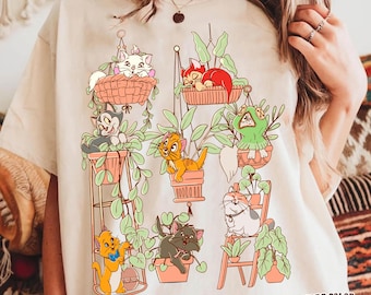 Retro Cats and Plants Shirt, Funny Cat Mom T-Shirt, Vintage Plant Lady Graphic Tee, Cute Cartoon Cats In Potted Plants Top, Cottagecore Gift