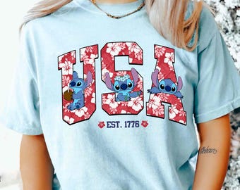 Disney Stitch USA 4th of July Shirt, Lilo & Stitch America Est 1776 Floral T-shirt, Disneyland Usa Summer Patriotic Trip, Red White Blue Tee