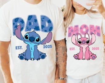 Camiseta personalizada a juego de Stitch y Ángel para mamá y papá, camiseta a juego de Lilo y Stitch para pareja, regalo del Día de la Madre de Disneyland, regalo para el Día del Padre