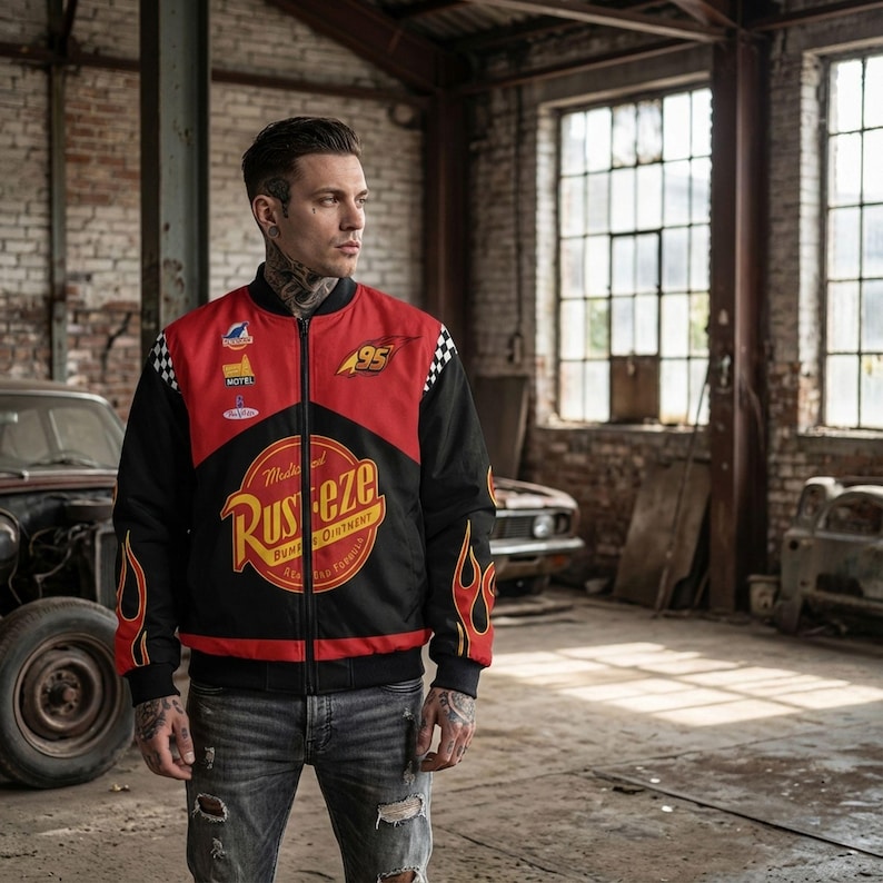 Vintage Lightning Mcqueen 95 Fleece Bomber Jacket, Rust-Eze Cars Piston Cup Champion Racing Jacket, Radiator Springs, Disneyland Family Trip image 3