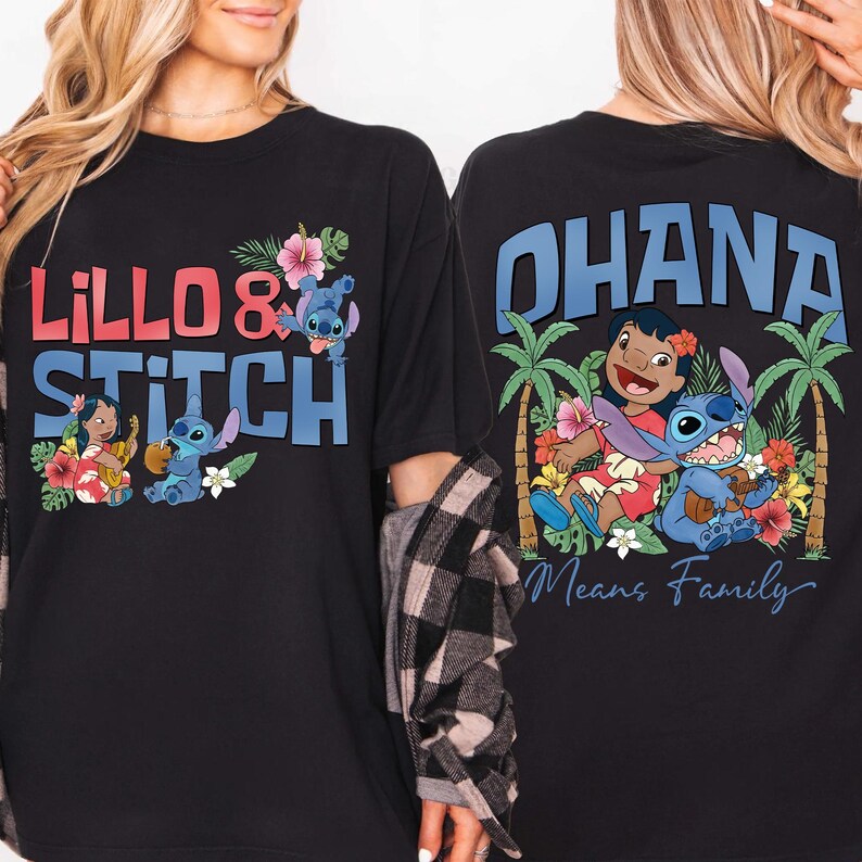 May include: Black t-shirt featuring the words "Lillo & Stitch" in red and blue, with cartoon characters and floral accents. The back of the shirt displays "Ohana Means Family" with Stitch and Lilo illustrations.