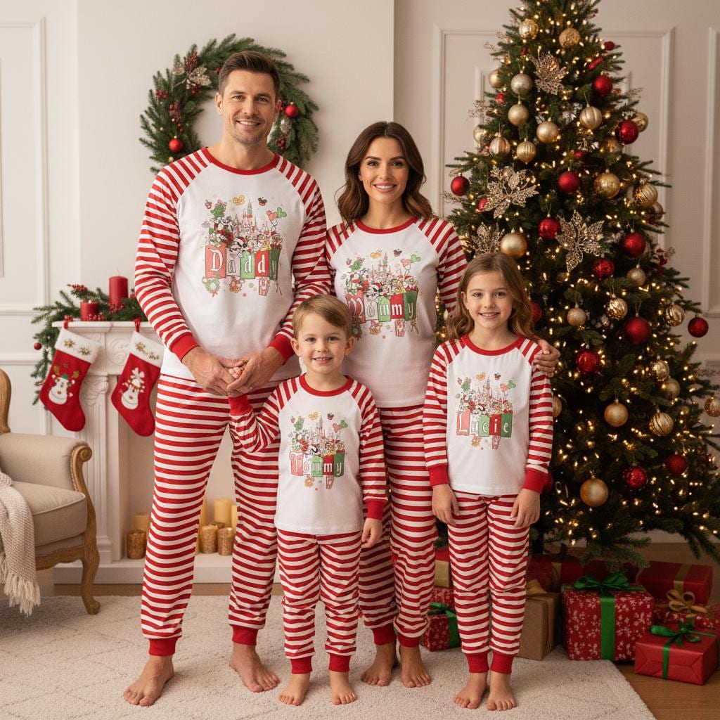Discover Custom Name Mickey and Friends Christmas Pajamas, Magical Castle Holiday Sleepwear