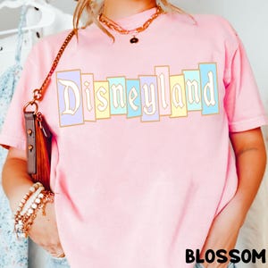 Puede incluir: Camiseta rosa claro con la palabra "Disneyland" en colores pastel. El texto est&aacute; en un dise&ntilde;o rectangular con un contorno dorado. La palabra "BLOSSOM" est&aacute; impresa en negro en la esquina inferior derecha.