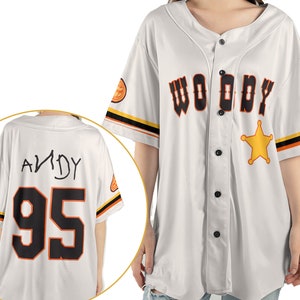 Toy Story Woody Andy 95 2 Sided Baseball Jersey Shirt,  Baseball Sport Outfits,   World Disneyland Trip, Magic Kingdom