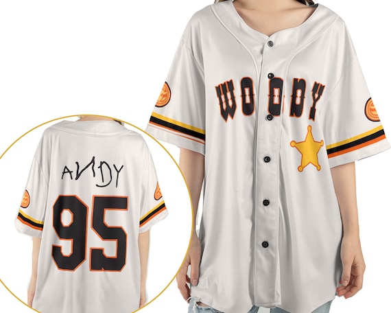 Toy Story Woody Andy 95 2 Sided Baseball Jersey Shirt, Baseball