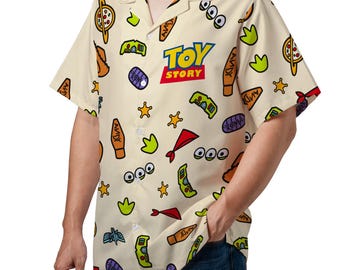 Retro Toy Story Gruppe Charaktere Hawaiihemd, Pizza Planet Andy Buzz Lightjahre Woody, Disney Hemd, Disneyland Familien Sommerausflug