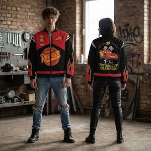 Vintage Lightning Mcqueen 95 Fleece Bomber Jacket, Rust-Eze Cars Piston Cup Champion Racing Jacket, Radiator Springs, Disneyland Family Trip image 4